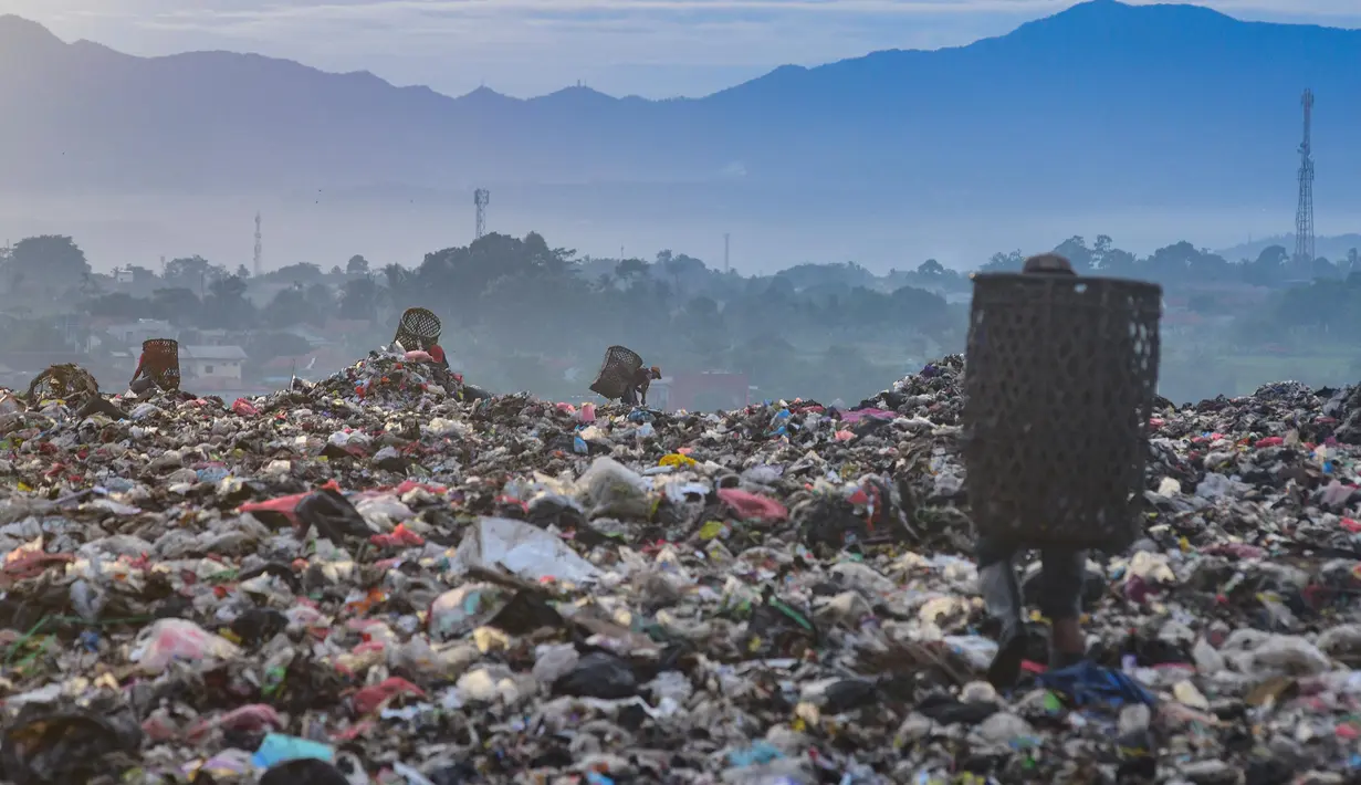 Warga yang berprofesi sebagai pemulung mengumpulkan sampah plastik dengan latar belakang Gunung Gede-Pangrango di Tempat Pembuangan Akhir Galuga, Bogor, Kamis (6/11/2025). Peneliti Badan Riset dan Inovasi Nasional (BRIN) Muhammad Reza Cordova baru-baru ini mengatakan bahwa kandungan mikroplastik sudah ditemukan di dalam air hujan di wilayah Jakarta. (merdeka.com/Arie Basuki)