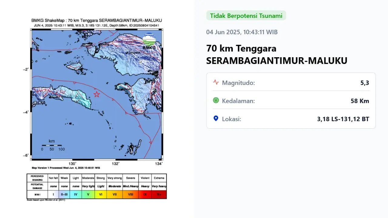Gempa hari ini, Rabu (4/6/2025) terjadi pada pukul 10.43 WIB di wilayah Seram Bagian Timur, Provinsi Maluku.