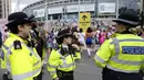 Konser di Wembley Stadium, London, selama lima hari ini bisa menarik setidaknya 450 ribu orang berkumpul di stadion bersejarah di Inggris tersebut. (AP Photo/Alastair Grant)