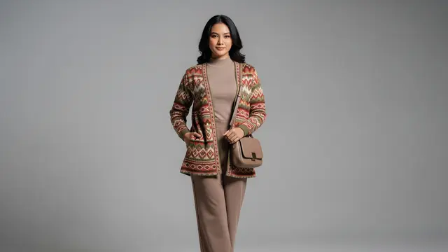Kardigan Motif dan Baju Dalam Senada 