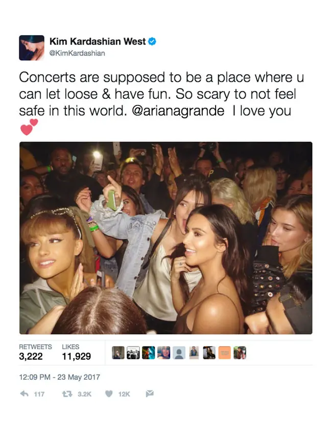 Kicauan Kim Kardashian soal peristiwa konser Ariana Grande di Twitter. (Twitter)