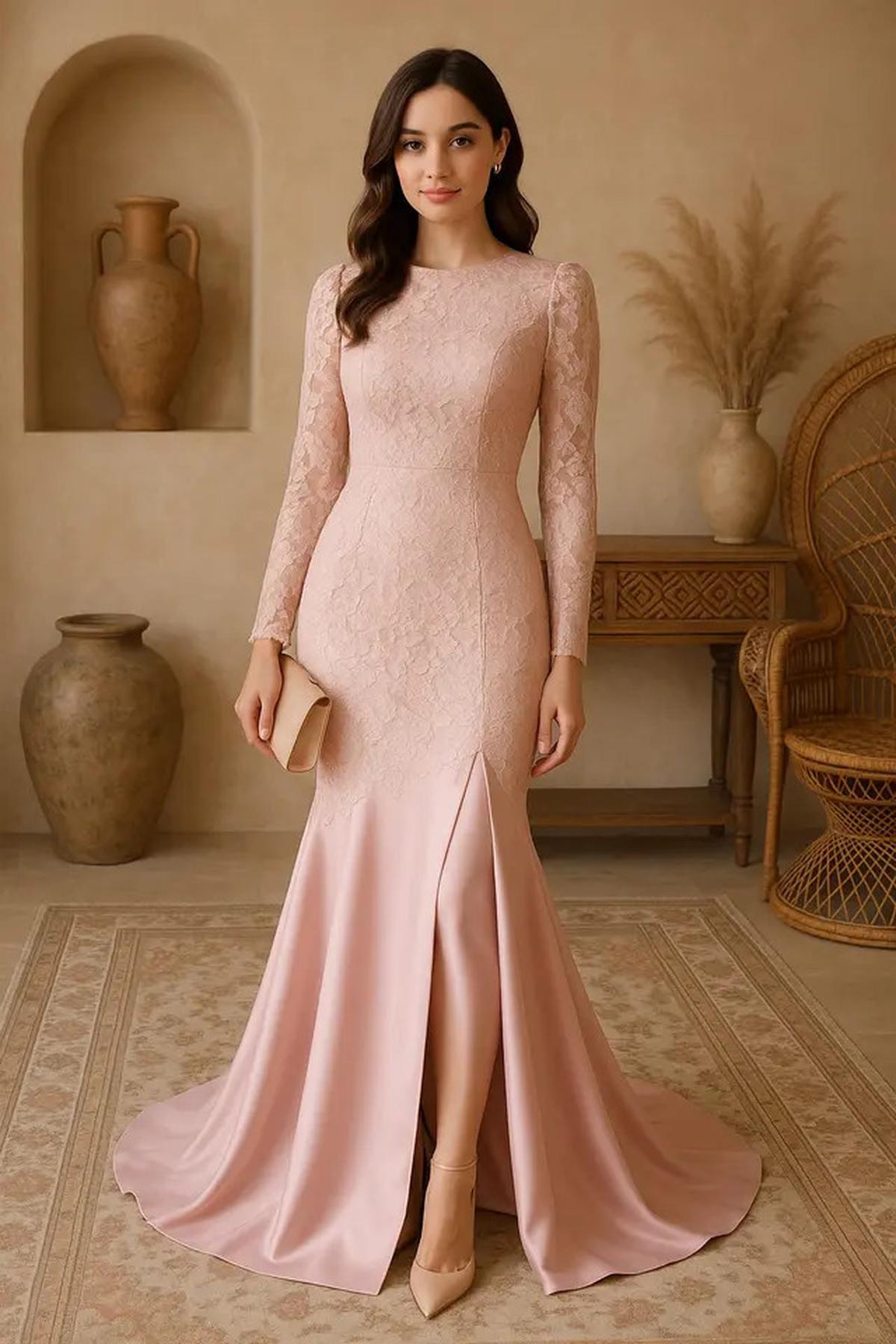 Trend Long Dress Brokat 2025 Warna Pastel dan Model Mermaid Lagi Naik Daun