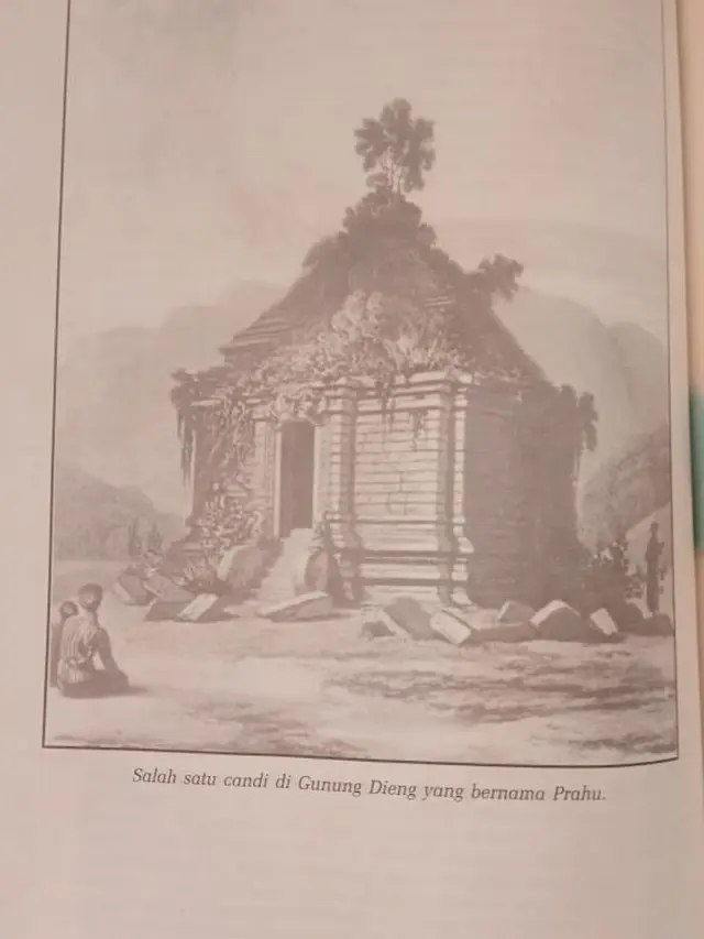 Situs Candi Prau dalam lukisan di buku History Of Java, Thomas Stamford Raffles. (Foto: Liputan6.com/Heni Purwono/Muhamad Ridlo)