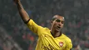 Gelandang Arsenal, Theo Walcott berselebrasi setelah mencetak gol ke gawang FC Shakhtar pada pertandingan grup H Liga Champions di Donetsk pada 3 November 2010. (AFP/Alexander Khudoteply)