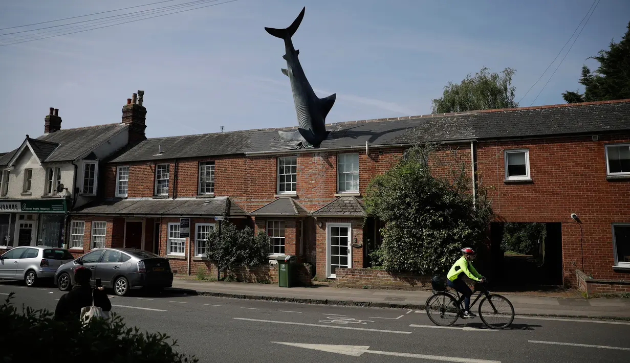 Sebuah patung yang dikenal dengan nama Headington Shark tampak menerobos atap rumah di wilayah pinggiran Oxford, Inggris pada 30 April 2019. Patung hiu unik dibuat tahun 1986 oleh pria asal AS, Bill Heine dari bahan fiberglass dengan panjang 8 meter.  (AP Photo/Matt Dunham)