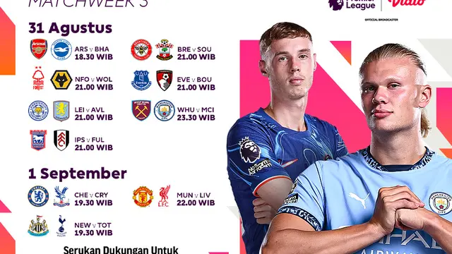 Jadwal Liga Inggris 2024/25 Matchweek 3 di Vidio