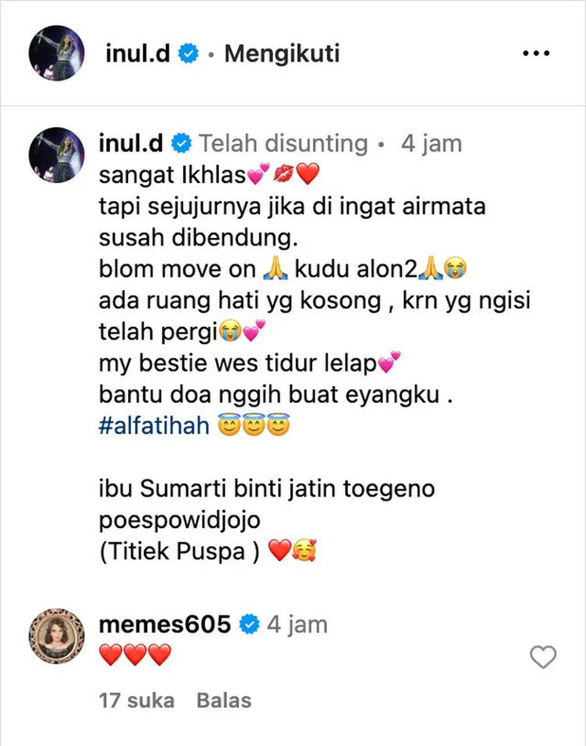 Curhat Inul Daratista Setelah Titiek Puspa Meninggal: Ada Ruang Hati Kosong, Yang Mengisi Telah Pergi