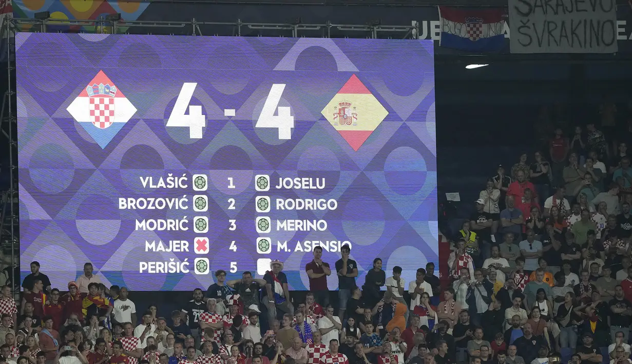 Papan skor yang menunjukkan kedudukan imbang 4-4 saat adu tendangan penalti pada laga final UEFA Nations League 2022/2023 antara Timnas Spanyol menghadapi Kroasia di De Kuip Stadium, Rotterdam, Senin (19/6/2023) dini hari WIB. (AP Photo/Martin Meissner)