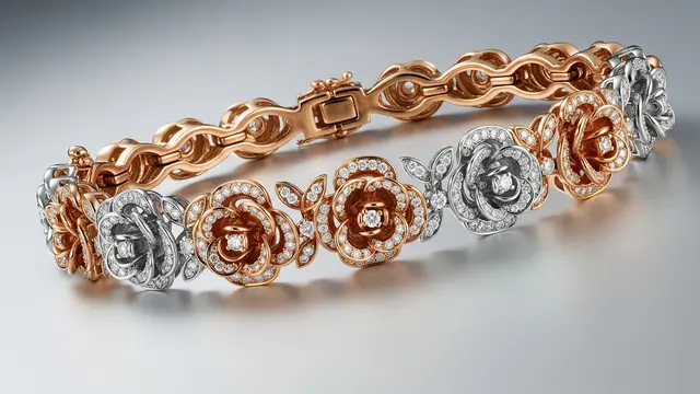Gelang Rose Gold Kombinasi Emas Putih Motif Bunga Mawar Berlian