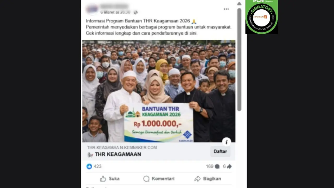 Cek Fakta Liputan6.com mendapati klaim link pendaftaran bantuan THR Keagamaan 2026 sebesar Rp 1.000.000 dari pemerintah.