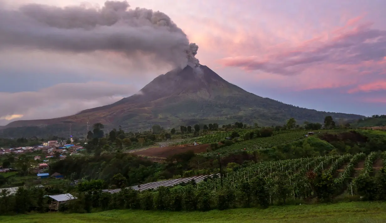 Gunung Sinabung menyemburkan abu dan asap tebal sebagaimana terlihat dari Karo, Provinsi Sumatra Utara, Rabu, 2 September 2026. (AFP/ YT Haryono)