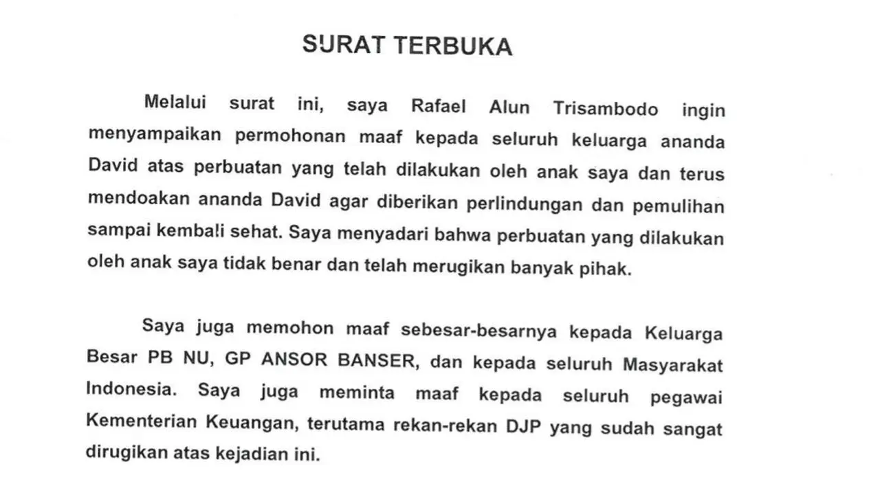 Surat terbuka Rafael Alun Trisambodo yang berisi pengunduran dirinya sebagai Pegawai Negeri Sipil (PNS) di DJP dan permintaan maaf atas perbuatan yang dilakukan anaknya. (Istimewa)
