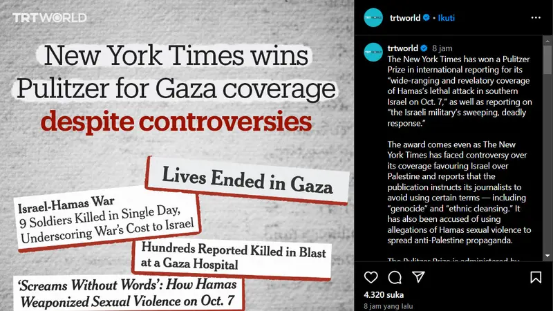 New York Times Terima Penghargaan Pulitzer untuk Tulisan Bernada Propaganda Anti-Palestina