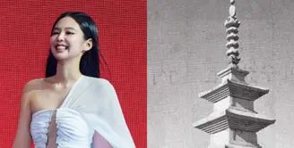 Saat menerima penghargaan, Jennie mengenakan mini dress putih terinspirasi oleh keseimbangan arsitektur Pagoda Seokgatap di Bulguksa, gaun ini menampilkan potongan-potongan yang menggemakan siluet ikoniknya. Seokgatap, Harta Nasional Korea yang selesai dibangun sekitar tahun 751 pada masa Dinasti Silla, ditafsirkan ulang melalui proporsi yang terkendali dan harmoni struktural. [@leje.official]
