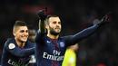 Striker PSG, Jese Rodriguez, merayakan gol yang dicetaknya ke gawang nantes pada laga Liga 1 Prancis di Stadion Parc des Princes, Sabtu, (4/5/2016). Jese resmi meninggalkan PSG dan bergabung ke Stoke City. (AFP/Franck Fife)