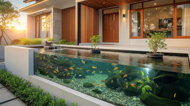 Model Kolam Ikan Kaca Minimalis Linear Memanjang di Depan Rumah