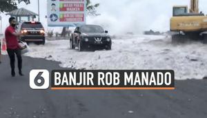 Minggu (17/1) sore banjir rob terjang kawasan pesisir kota Manado. Terjangan air laut masuk hingga ke salah satu pusat perbelanjaan.