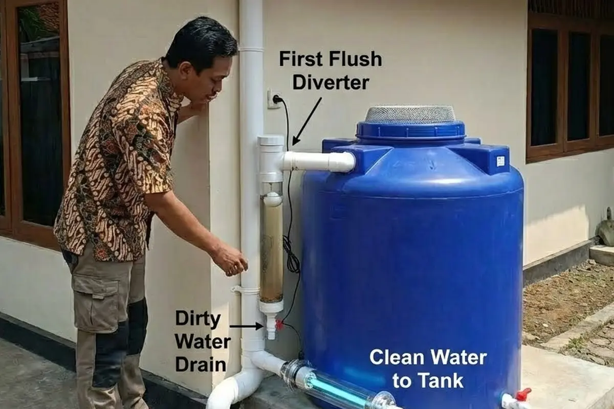 Pemasangan Alat First Flush Diverter untuk Menampung Air Hujan (Gemini AI)