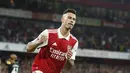 <p>Penyerang Arsenal, Gabriel Martinelli berselebrasi usai mencetak gol ke gawang Aston Villa selama pertandingan lanjutan Liga Inggris di Stadion Emirates di London, Kamis (1/9/2022). Arsenal menag tipis atas Aston Villa 2-1. (AP Photo/David Cliff)</p>