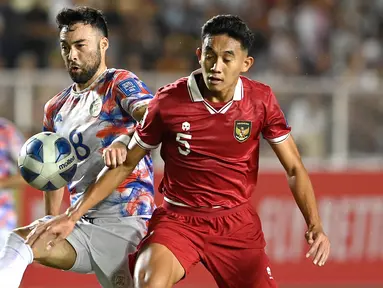 Pemain belakang timnas Indonesia, Rizky Ridho Ramadhani (kanan) berebut bola dengan Manuel OTT (Filipina) pada Kualifikasi Piala Dunia 2026 Zona Asia itu berlangsung di Stadion Rizal Memorial, Manila, Selasa (21/11/2023). (JAM STA ROSA/AFP)