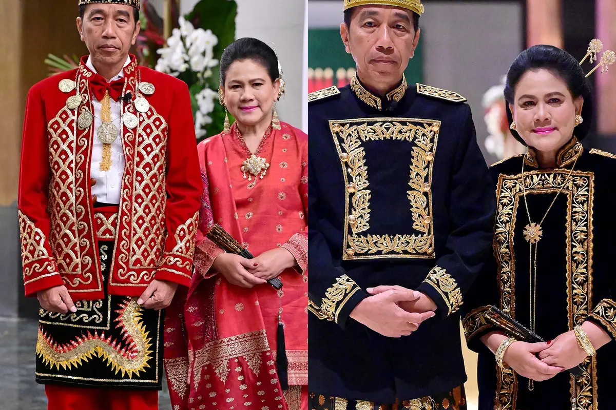 Presiden Joko Widodo (Jokowi) mengenakan dua macam pakaian adat dari dua provinsi berbeda saat HUT ke-79 RI di Istana Negara Ibu Kota Nusantara (IKN), Kalimantan Timur (Kaltim).