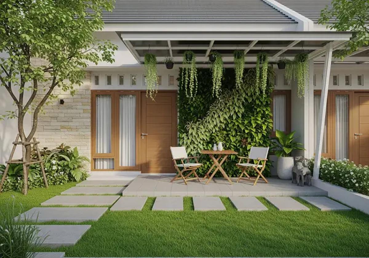 Teras dengan Taman Sederhana/Model Rumah 1 Lantai dengan Teras Depan Luas (Sumber; gemini.com)