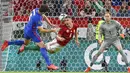 Gol Timnas Inggris masing- masing dicetak oleh Raheem Sterling, Harry Kane, Harry Maguire dan Declan Rice. (Foto: AP/Zsolt Szigetvary)