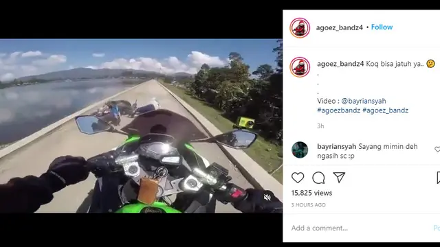 Motor yang dikendarai tergelincir sebelum akhirnya terjatuh.