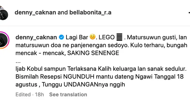 Unggahan Denny Caknan dan Bella Bonita soal ijab kabul serta pernikahan. (Foto: Dok. Instagram @denny_caknan)