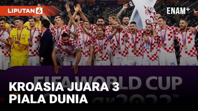 Kroasia sukses merebut peringkat tiga Piala Dunia 2022. Hasil ini diperoleh Vatreni usai berjaya atas Maroko dengan skor 2–1 dalam pertandingan yang dihelat di Khalifa International Stadium, Sabtu (17/12/2022) malam WIB.