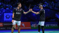 Ganda putra Indonesia Fajar Alfian/Muhammad Rian Ardianto dalam&nbsp;pertandingan semifinal All England 2023 di&nbsp;Utilita Arena Birmingham, Inggris, Minggu (19/3/2023) dini hari WIB. Fajar Alfian sempat berselebrasi khas Cristiano Ronaldo usa menang atas&nbsp;He Ji Ting/Zhou Ha Dong dari China. (foto: PBSI)