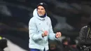 Manajer tim Chelsea, Thomas Tuchel melakukan selebrasi usai peluit akhir dibunyikan dalam laga lanjutan Liga Inggris 2020/21 pekan ke-22 melawan Tottenham Hotspur di Tottenham Hotspur Stadium, London, Kamis (4/2/2021). Chelsea menang 1-0 atas Tottenham Hotspur. (AFP/Clive Rose/Pool)