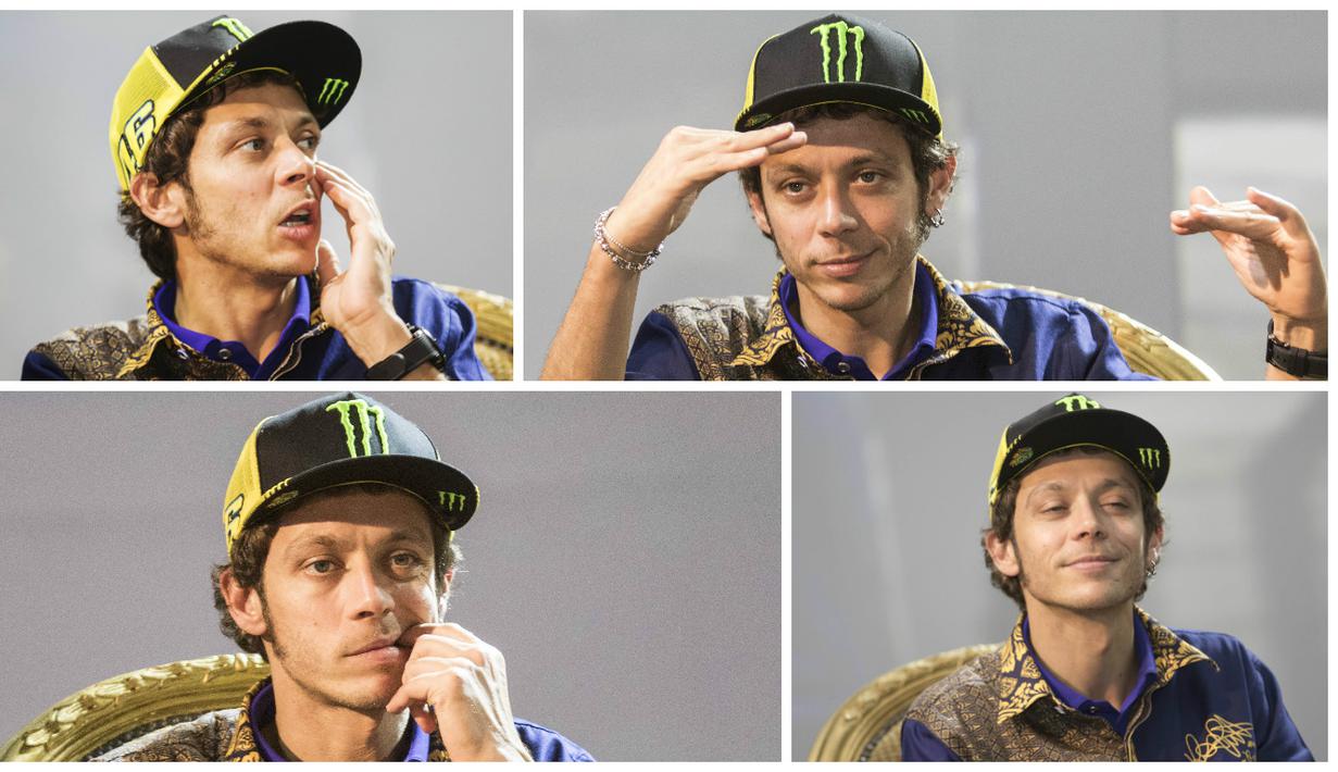 Pebalap MotoGP Valentino Rossi hadir dalam peluncuran produk terbaru Yamaha, Xabre, di The Mulia Resort, Bali, Selasa (26/1/2016). Inilah beberapa mimik lucu Rossi saat konferensi pers peluncuran motor baru Yamaha tersebut. (Bola.com/Vitalis Yogi Trisna)