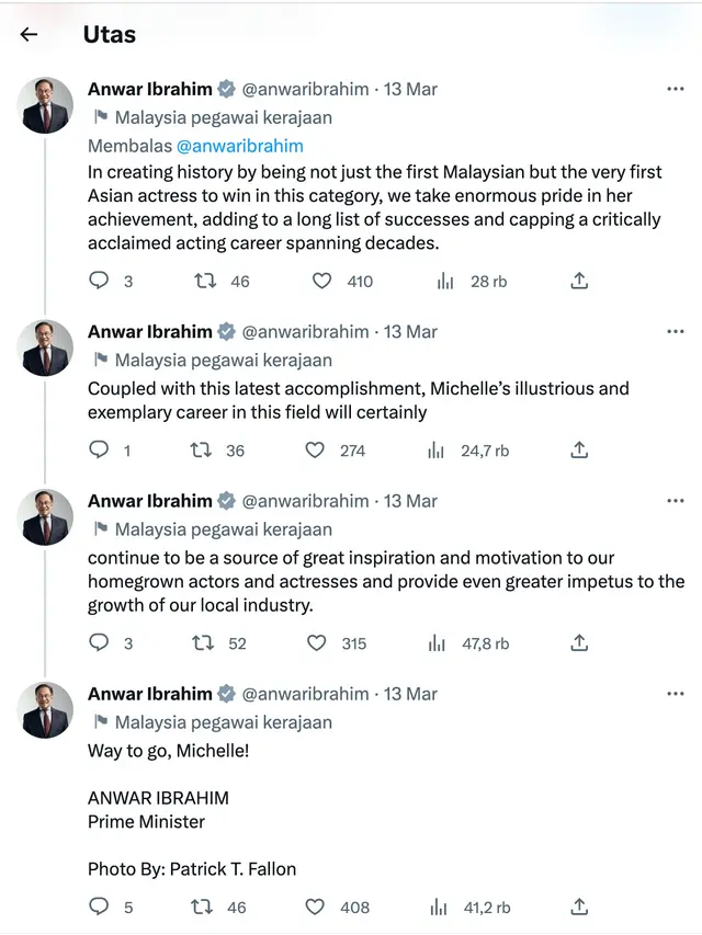 Perdana Menteri Malaysia Anwar Ibrahim Selamati Michelle Yeoh Menang Oscar
