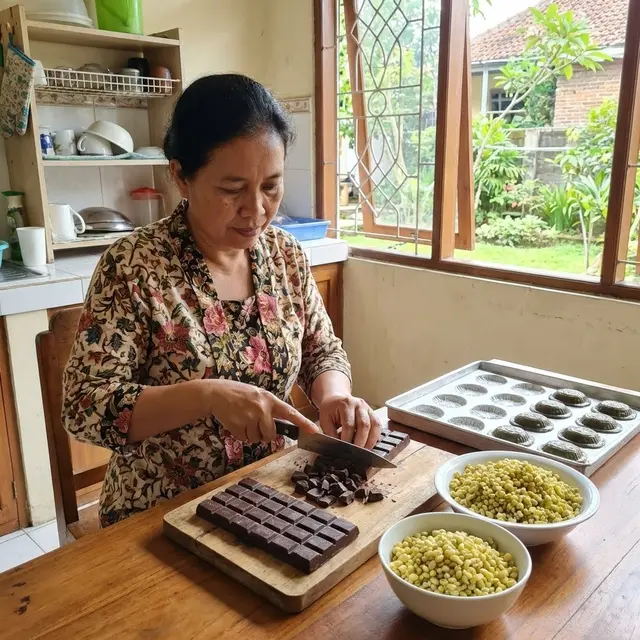 Memotong cokelat batang untuk isian kue ku
