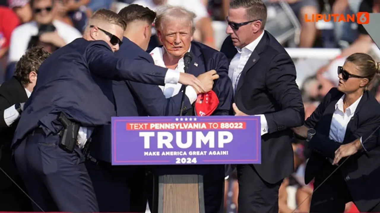 Banner Infografis Kronologi Penembakan Donald Trump Saat Kampanye Pilpres AS. (AP Photo/Gene J. Puskar)