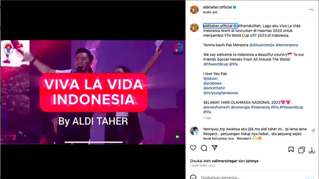 Aldi Taher Sebut Lagu Viva La Vida Indonesia Akan Jadi Official Song Fifa World Cup U-17 Indonesia. (instagram.com/alditaher.official)