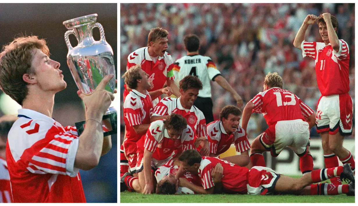 Denmark - Jalan penuh keberuntungan Denmark dimulai ketika mendapat tiket gratis dari Yugoslavia yang menarik diri akibat perang saudara, buruknya penampilan Prancis dan Inggris, dan memenangkan pinalti melawan Belanda di semifinal. Mereka juga tumbangkan Jerman di babak Final. (Foto kolase: AFP)