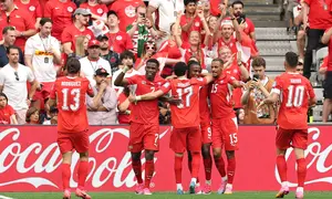 Selebrasi pemain Swiss saat mengalahkan Kanada di Piala Dunia 2026 (AFP)