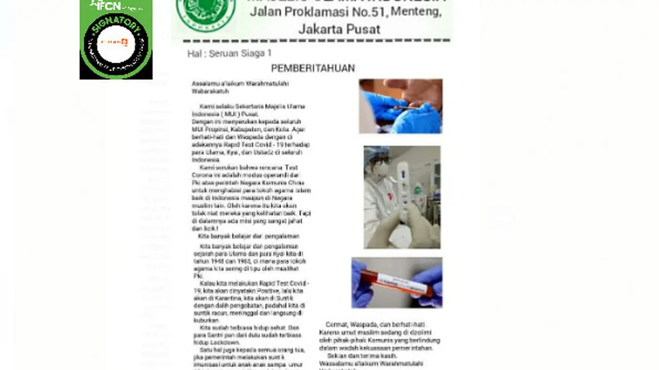 Penelusuran klaim Surat MUI Serukan Ulama Tolak Rapid Test