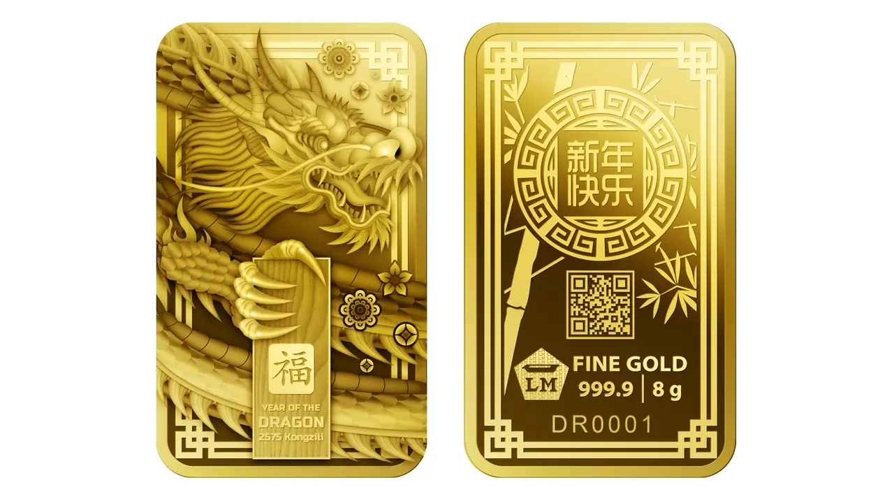Produk emas batangan tematik Imlek Year of The Dragon tiga dimensi (3D) dibuat oleh Antam menggunakan teknologi modern. Emas batangan ini bergambar Naga sesuai dengan shio tahun 2024. (Dok .logammulia.com)