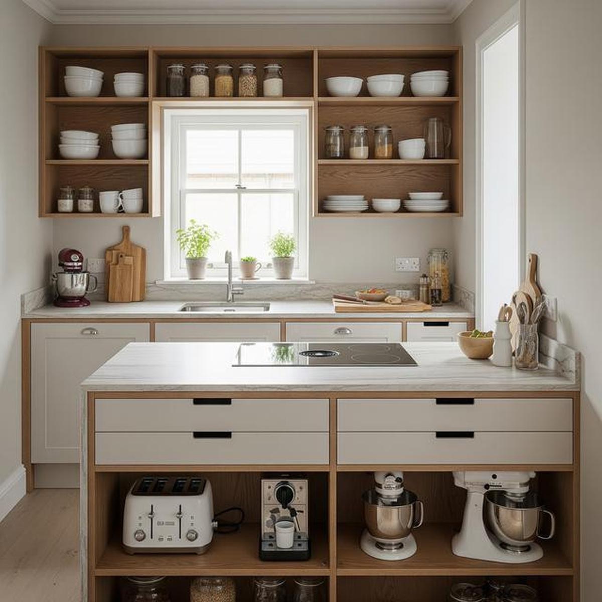 7 Dapur Kecil dengan Rak Terbuka dan Warna Netral, Elegan dan Minimalis