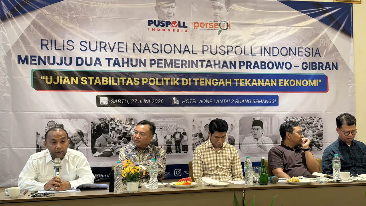 Pusat Polling Indonesia (Puspoll) merilis Hasil Survei Nasional menuju dua tahun pemerintahan Presiden Prabowo Subianto dan Wapres Gibran Rakabuming Raka.