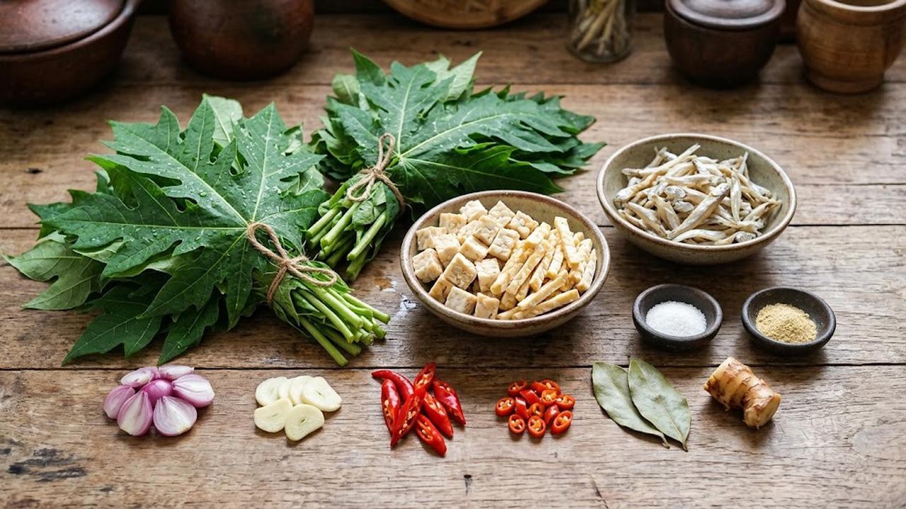 Bahan Daun Pepaya Muda Tumis Tempe dan Teri