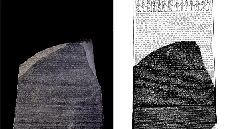 Rosetta Stone yang ditemukan (kiri) dan ilustrasi prasasti ketika masih utuh (kanan).