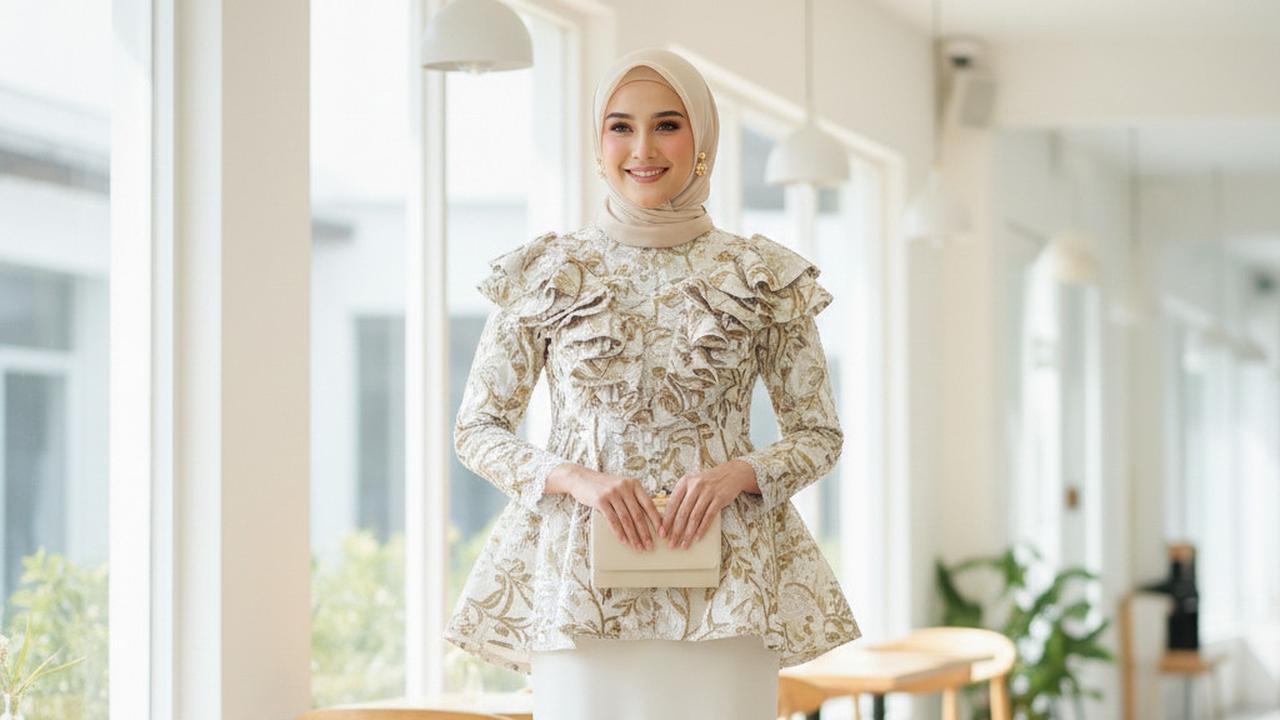 Gamis Brokat Copotan dengan Detail Dada Berlapis