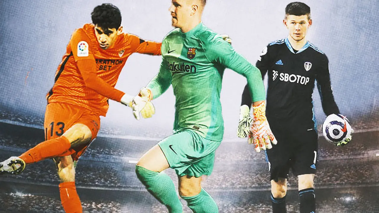 Ilustrasi - Marc-Andre ter Stegen dikelilingi Yassine Bounou dan Illan Meslier