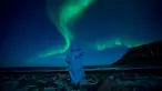 Seseorang menonton fenomena alam Aurora Borealis atau Northern Lights di Unstad, lingkaran Arktik, Norwegia, Sabtu (3/3). Aurora menampilkan banyak warna, tapi yang sering muncul adalah hijau muda dan pink. (Olivier MORIN/AFP)