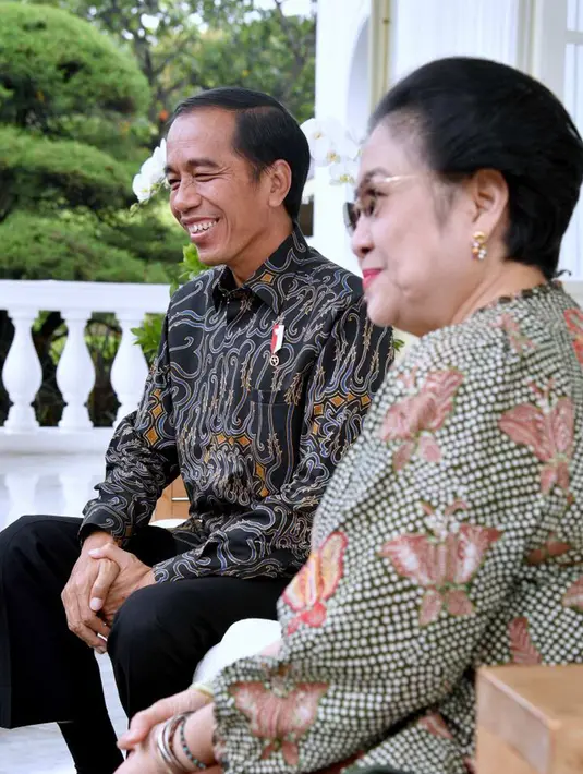 Presiden Joko Widodo (Jokowi) dan Megawati Soekarnoputri menyimak pertanyaan wartawan di bangku teras belakang Istana Merdeka, Jakarta, Senin (21/11). Jokowi menjelaskan maksud pertemuan dirinya dengan Megawati. (Biropres Kepresidenan/Laily)