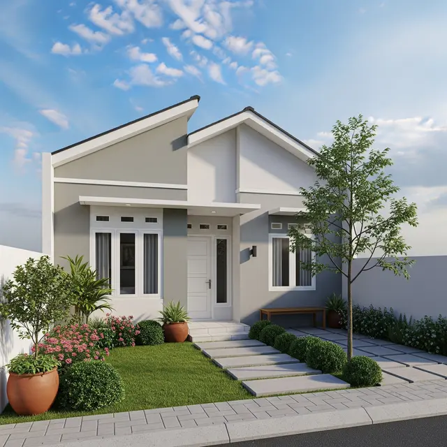 Model Rumah 6x8 dengan 3 Kamar Tidur dan Taman Depan Fungsional